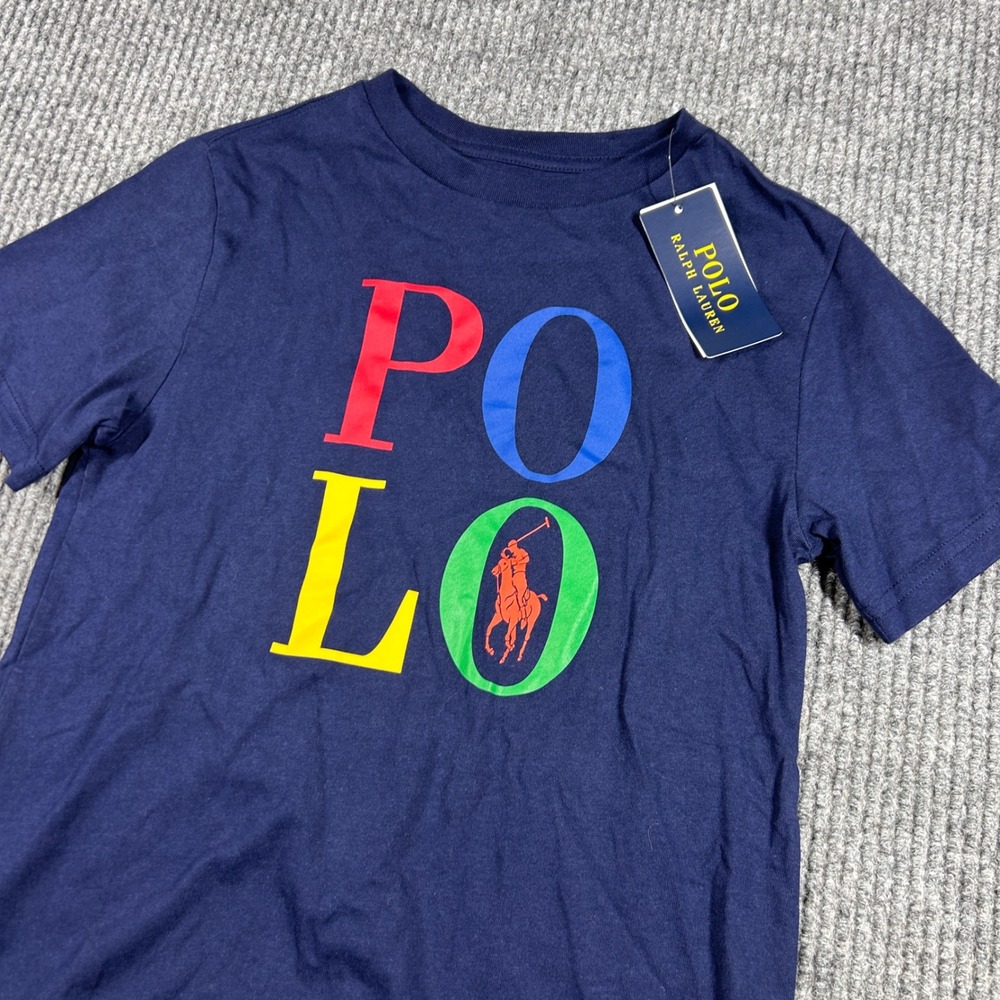 Polo Ralph Lauren Kids Navy Blue Multi Logo Graphic T-Shirt Size S (8) NEW